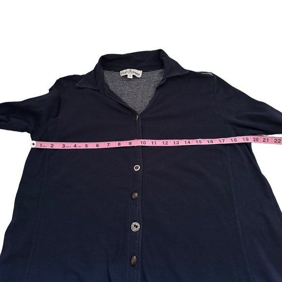 Neon Buddha | Navy Striped Back Button Front Top Stretch Cotton Size S - Picture 10 of 11